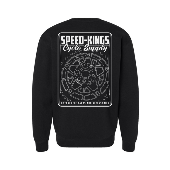 Black sweatshirt with 'Speed-Kings Cycle Supply' graphic on a white background