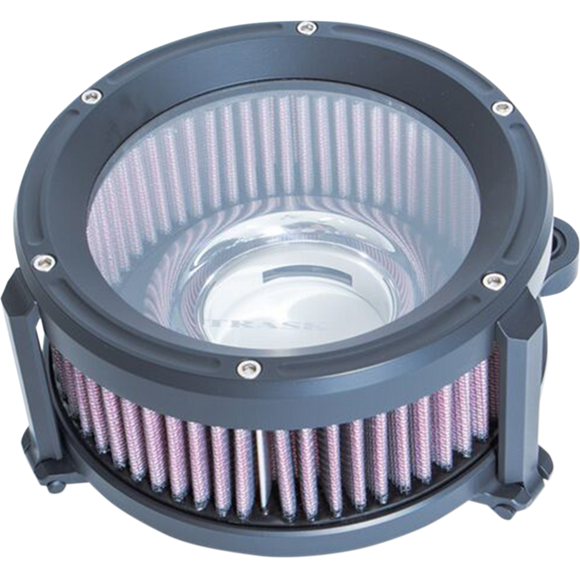 Trask Assault Charge high-flow air cleaner with billet aluminum backing plate and plexiglass cover for Harley-Davidson Touring and Softail