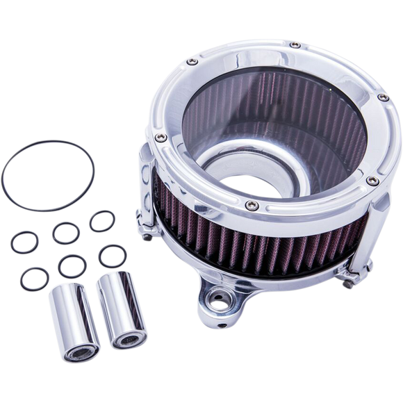 Trask Assault Charge high-flow air cleaner with billet aluminum backing plate and plexiglass cover for Harley-Davidson Touring and Softail