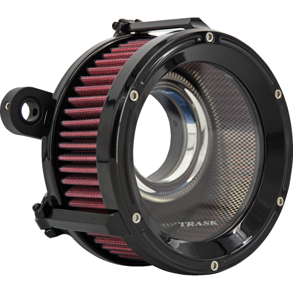 Trask Assault Charge high-flow air cleaner with billet aluminum backing plate and plexiglass cover for Harley-Davidson Touring and Softail