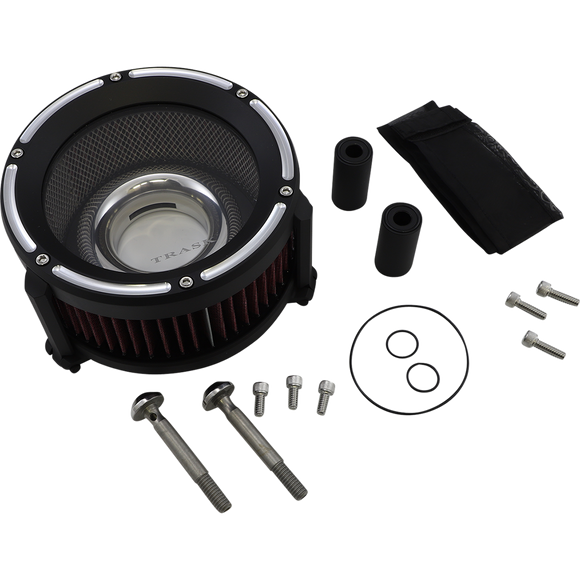 Trask Assault Charge high-flow air cleaner with billet aluminum backing plate and plexiglass cover for Harley-Davidson Touring and Softail