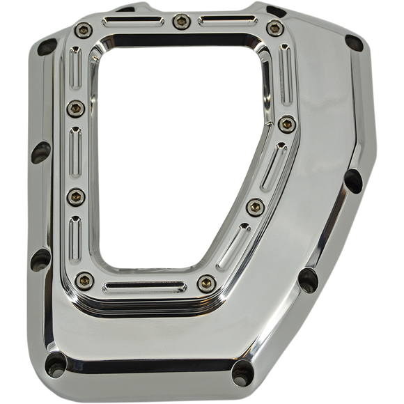 Trask Assault chrome transparent cam cover for Harley Twin Cam engines showing internal components