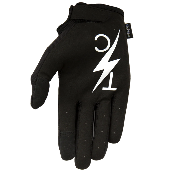 Black Thrashin motorcycle stealth v2 glove with a white lightning bolt TSC logo