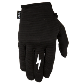 Black Thrashin motorcycle stealth v2 glove with a white lightning bolt logo