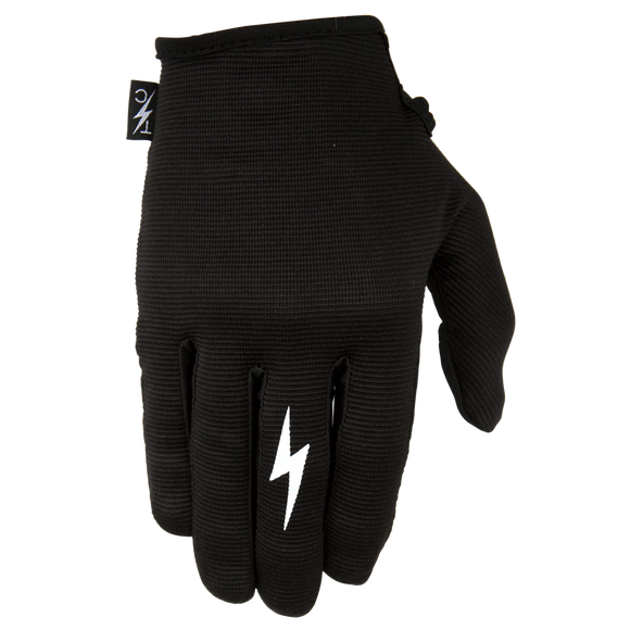 Black Thrashin motorcycle stealth v2 glove with a white lightning bolt logo