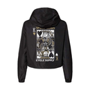 Black womens crop anorak moto jacket with a king of hearts graphic design on the back on a white background