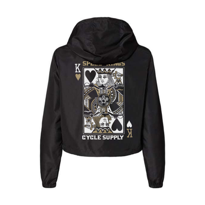 Black womens crop anorak moto jacket with a king of hearts graphic design on the back on a white background