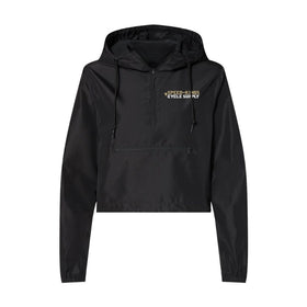 Black crop anorak jacket with a logo on the chest against a white background