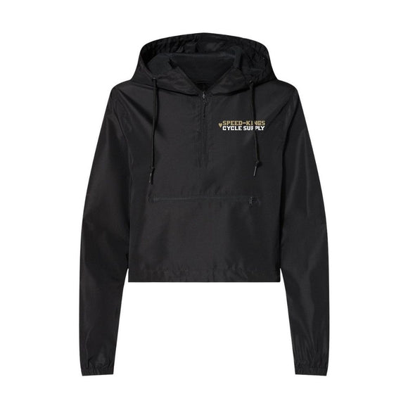 Black crop anorak jacket with a logo on the chest against a white background