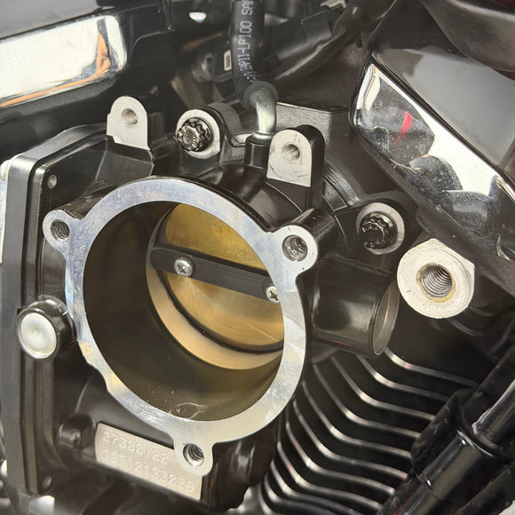 Close-up of BAMCO ARP stainless bolts installed on a Harley-Davidson M8, M8 Throttle Body to Manifold ARP Kit