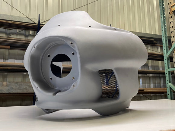 RWD V-Twin FXR batwing fairing with primed finish and mesh vent screen