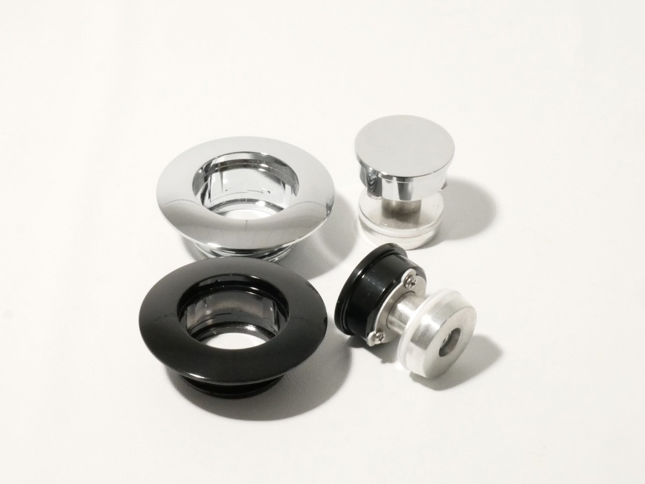 RWD V-Twin chrome and black motorcycle gas cap adapter flush-mount kit with collars and plugs