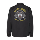 Black jacket with 'Speed Kings Cycle Supply' logo on the back with american traditional tattoo angry tiger art against a white background