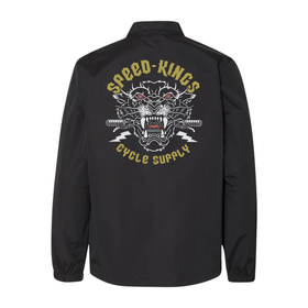Black jacket with 'Speed Kings Cycle Supply' logo on the back with american traditional tattoo angry tiger art against a white background