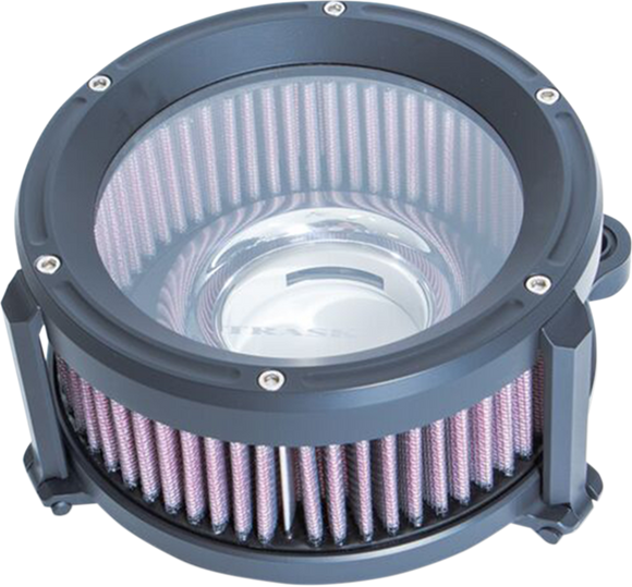 Trask Assault Charge high-flow air cleaner with billet aluminum backing plate and plexiglass cover for Harley-Davidson Touring and Softail