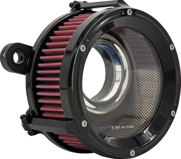 Trask Assault Charge high-flow air cleaner with billet aluminum backing plate and plexiglass cover for Harley-Davidson Touring and Softail