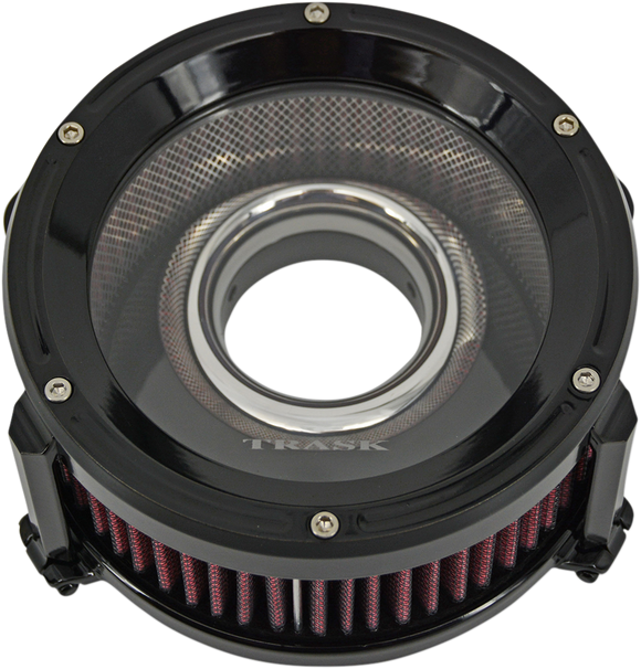 Trask Assault Charge high-flow air cleaner with velocity stack and hidden breather for Harley-Davidson Dyna Touring and Softail motorcycles