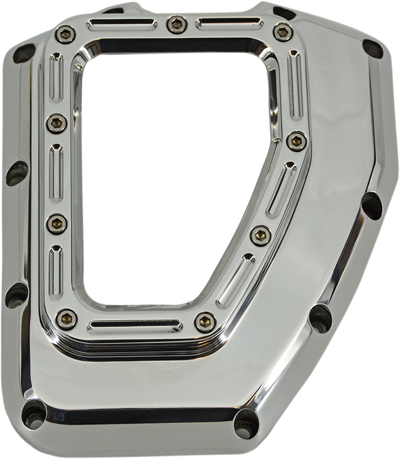 Trask Assault chrome transparent cam cover for Harley Twin Cam engines showing internal components