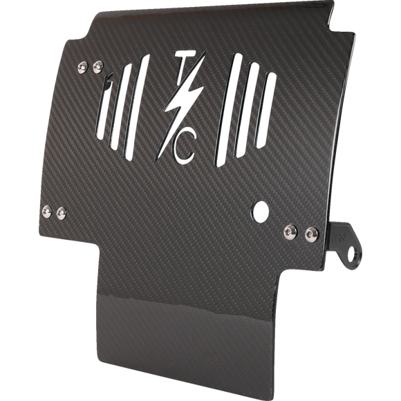 Thrashin Supply Co. woven carbon fiber skid plate with anodized billet aluminum brackets for 2024+ Harley-Davidson Touring