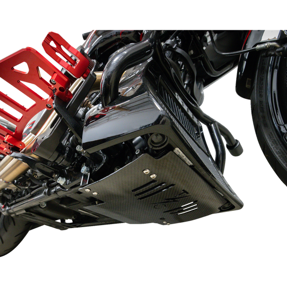 Thrashin Supply Co. woven carbon fiber skid plate with anodized billet aluminum brackets for 2024+ Harley-Davidson Touring