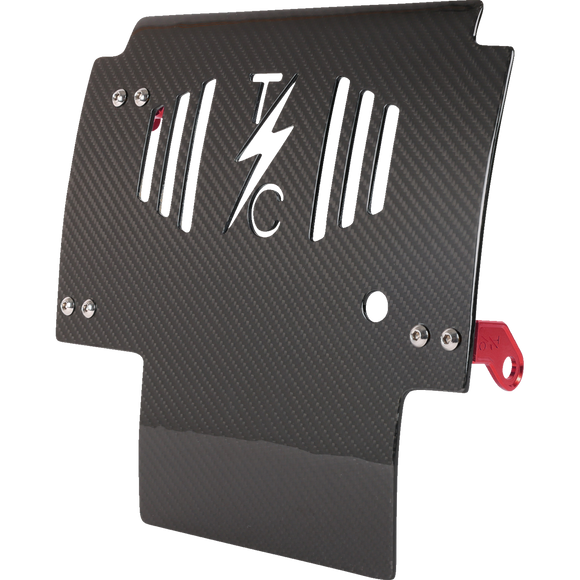 Thrashin Supply Co. woven carbon fiber skid plate with anodized billet aluminum brackets for 2024+ Harley-Davidson Touring