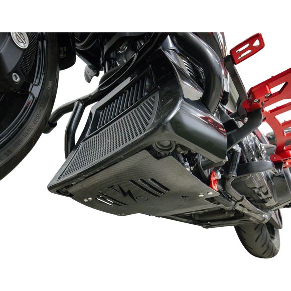 Thrashin Supply Co. woven carbon fiber skid plate with anodized billet aluminum brackets for 2024+ Harley-Davidson Touring