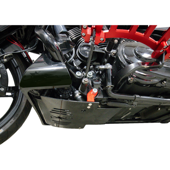 Thrashin Supply Co. woven carbon fiber skid plate with anodized billet aluminum brackets for 2024+ Harley-Davidson Touring
