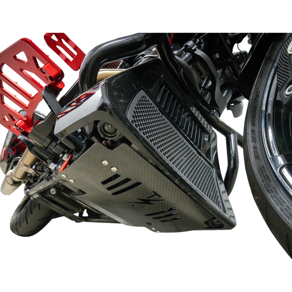 Thrashin Supply Co. woven carbon fiber skid plate with anodized billet aluminum brackets for 2024+ Harley-Davidson Touring
