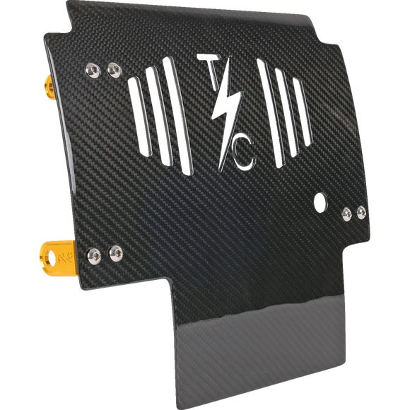 Thrashin Supply Co. woven carbon fiber skid plate with anodized billet aluminum brackets for 2024+ Harley-Davidson Touring