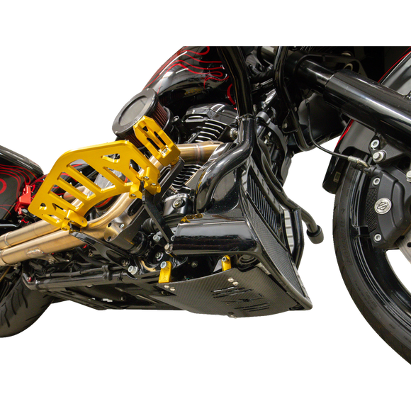 Thrashin Supply Co. woven carbon fiber skid plate with anodized billet aluminum brackets for 2024+ Harley-Davidson Touring