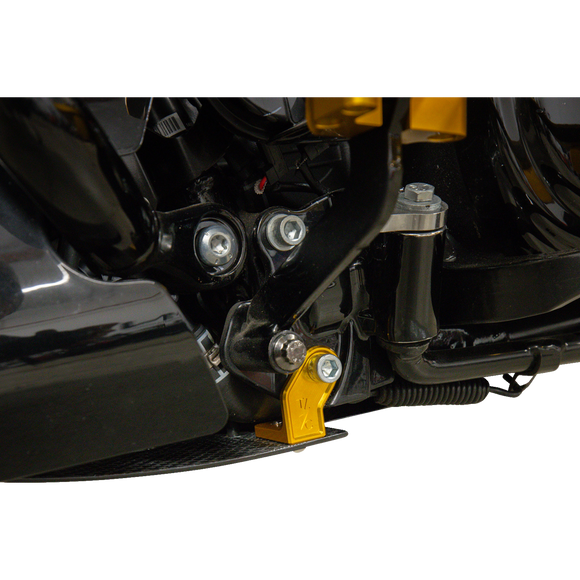 Thrashin Supply Co. woven carbon fiber skid plate with anodized billet aluminum brackets for 2024+ Harley-Davidson Touring