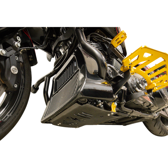 Thrashin Supply Co. woven carbon fiber skid plate with anodized billet aluminum brackets for 2024+ Harley-Davidson Touring
