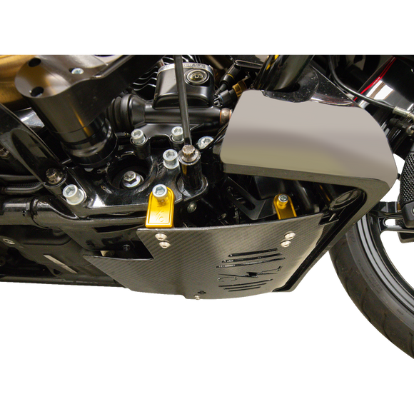 Thrashin Supply Co. woven carbon fiber skid plate with anodized billet aluminum brackets for 2024+ Harley-Davidson Touring