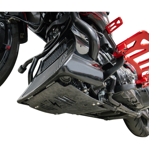 Thrashin Supply Co. woven carbon fiber skid plate with anodized billet aluminum brackets for 2024+ Harley-Davidson Touring