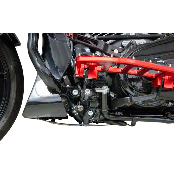 Thrashin Supply Co. woven carbon fiber skid plate with anodized billet aluminum brackets for 2024+ Harley-Davidson Touring