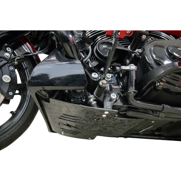 Thrashin Supply Co. woven carbon fiber skid plate with anodized billet aluminum brackets for 2024+ Harley-Davidson Touring