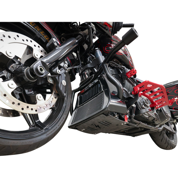 Thrashin Supply Co. woven carbon fiber skid plate with anodized billet aluminum brackets for 2024+ Harley-Davidson Touring