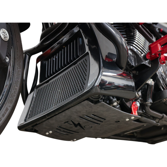 Thrashin Supply Co. woven carbon fiber skid plate with anodized billet aluminum brackets for 2024+ Harley-Davidson Touring