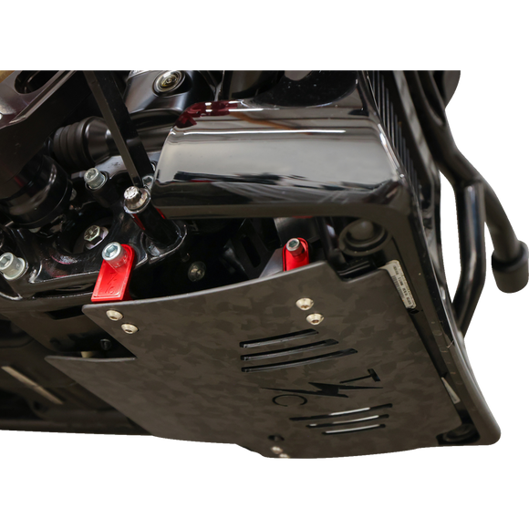 Thrashin Supply Co. woven carbon fiber skid plate with anodized billet aluminum brackets for 2024+ Harley-Davidson Touring