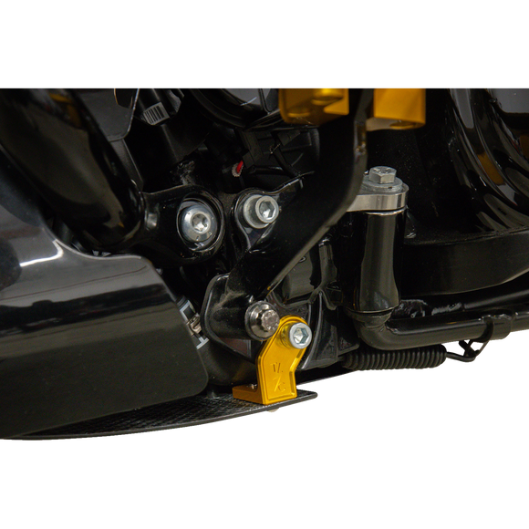 Thrashin Supply Co. woven carbon fiber skid plate with anodized billet aluminum brackets for 2024+ Harley-Davidson Touring