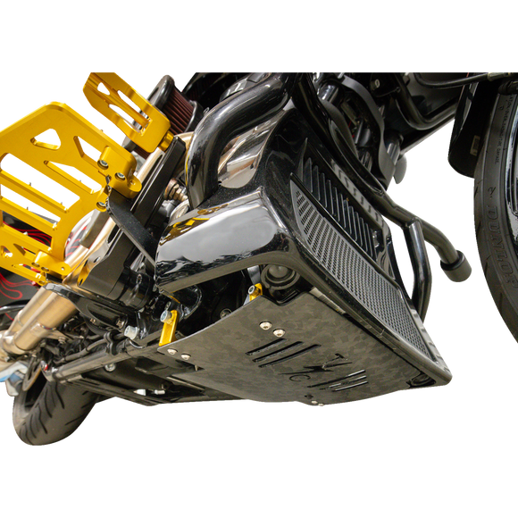 Thrashin Supply Co. woven carbon fiber skid plate with anodized billet aluminum brackets for 2024+ Harley-Davidson Touring