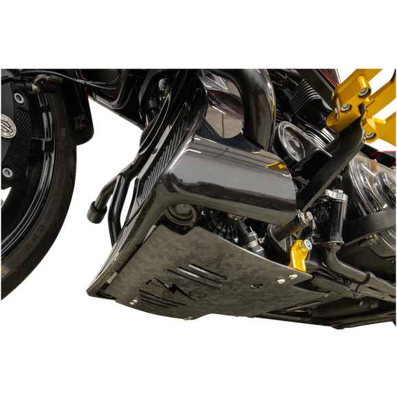 Thrashin Supply Co. woven carbon fiber skid plate with anodized billet aluminum brackets for 2024+ Harley-Davidson Touring