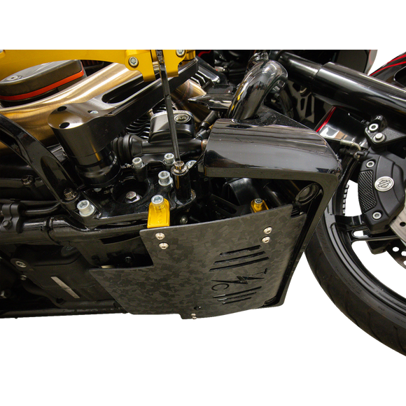 Thrashin Supply Co. woven carbon fiber skid plate with anodized billet aluminum brackets for 2024+ Harley-Davidson Touring